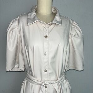 DKNY Cream Faux Leather Puff Sleeve Belted Midi Dress – Size 16